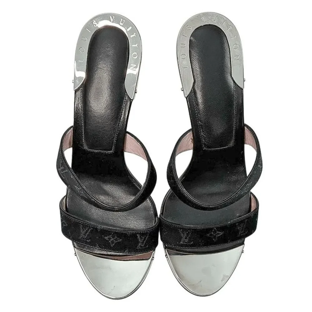 Louis Vuitton Monogram Fabric Mule Slide Sandals Block Heel EU 36 US 6 Authentic
